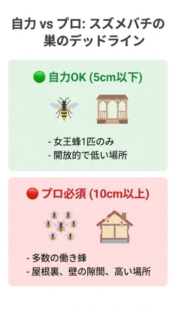 スズメバチの巣を自分で駆除できるか業者に依頼すべきかの生死を分けるデッドラインを比較したインフォグラフィック。5cm以下で女王蜂1匹のみ・開放的な低い場所なら自力可能、10cm以上で働き蜂が多数・屋根裏や壁の隙間・高所ならプロ必須であることを緑と赤の対比で表したスマホ最適化画像