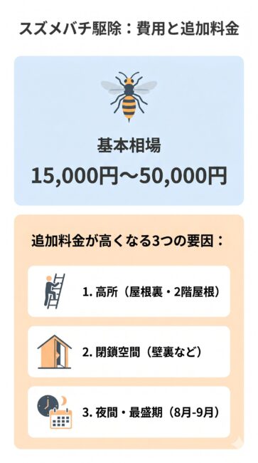 スズメバチ駆除の基本料金相場と見積もり費用が追加される3つの要因を解説したインフォグラフィック。標準価格が15000円から50000円であることと、ハシゴが必要な高所作業、外壁や天井の解体復旧を伴う壁の裏の閉鎖空間、8月から9月の最盛期や夜間割増が出追加料金の要因になることを表したスマホ最適化画像