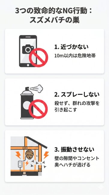 スズメバチの巣を発見した時に絶対に避けるべき3大NG行動を解説したインフォグラフィック。10m以内の警戒エリアへの接近禁止、逆襲を招く市販スプレーの安易な使用禁止、壁の裏やコンセントの隙間へハチを大拡散させる振動の禁止をシンプルなイラストで表現したスマホ最適化画像