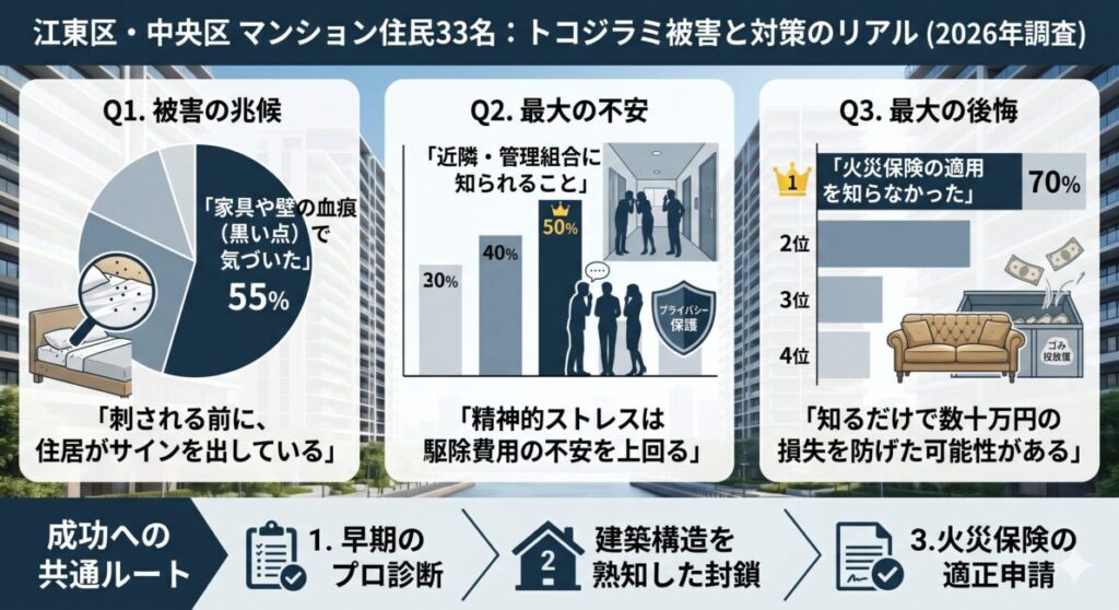 江東区・中央区のマンション住民33名を対象としたトコジラミ被害アンケート結果の図解。被害の兆候、プライバシーへの不安、火災保険活用の見落としという3つの視点で実態を可視化