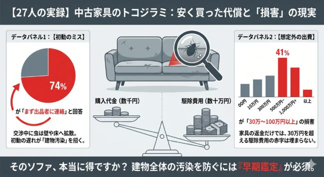 メルカリ等の中古家具経由でのトコジラミ被害に関する27人の調査結果。74%が初動を誤り被害を拡大させ、41%が30万円以上の高額損害を被っている実態を図解。