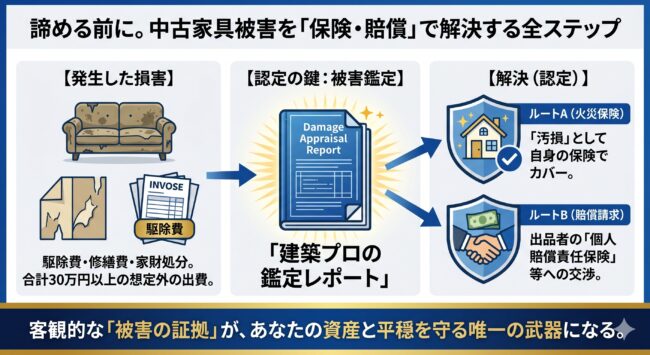 中古家具によるトコジラミ被害を火災保険や賠償請求で解決する仕組みの図解。建築プロによる被害鑑定レポートが、経年劣化を否定し「突発的な汚染事故」として認定を受けるための鍵であることを解説。