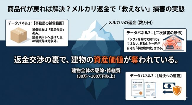 メルカリ事務局によるトコジラミ混入商品の返金補償の限界を図解。商品代金の返金では建物全体の高額な駆除費用がカバーできない事実と、建物汚染という資産価値毀損のリスクを解説