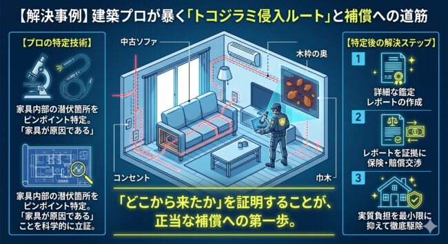 プロの調査員によるトコジラミ汚染経路特定の成功事例図解。マイクロスコープや内視鏡を用いて中古家具からの侵入ルートを特定し、鑑定レポートを武器に保険・賠償を勝ち取るプロセスを解説。