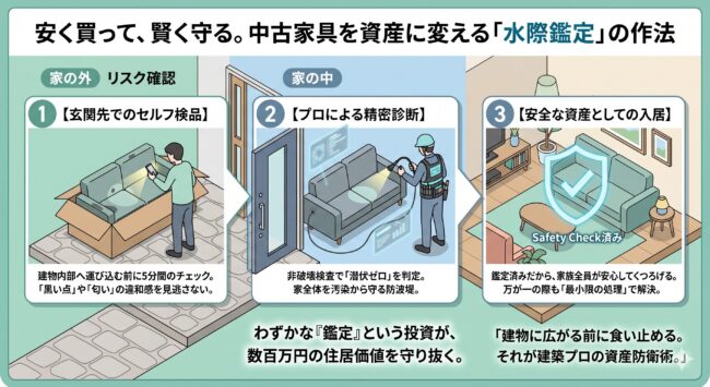 中古家具を安全な資産に変えるための水際鑑定フロー図。玄関先でのセルフ検品からプロによる非破壊精密診断を経て、リビングへ配置するまでのステップを解説。建物全体へのトコジラミ汚染を防ぐ資産防衛術。