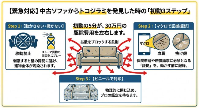 中古ソファでトコジラミを発見した際の初動3ステップ図解。拡散を防ぐための「移動禁止」「殺虫剤禁止」、証拠撮影の方法、ビニールでの完全封鎖手順を解説。