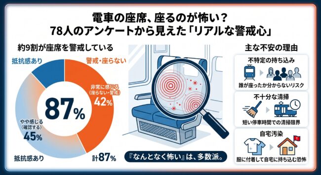 電車や新幹線の座席に対するトコジラミ不安の調査結果図解。アンケート回答者の87%が座席に抵抗を感じている実態と、不特定の持ち込みや清掃の限界に対する不安をまとめたインフォグラフィック。