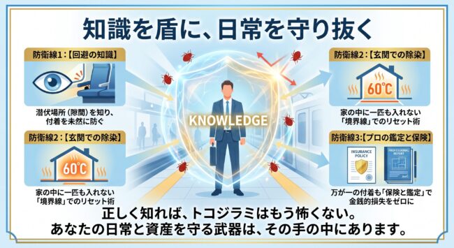 公共交通機関のトコジラミリスクを知識で回避するための図解。潜伏場所の把握、玄関での除染、火災保険とプロの鑑定レポートによる救済という3つの防衛線を解説した資産防衛インフォグラフィック。