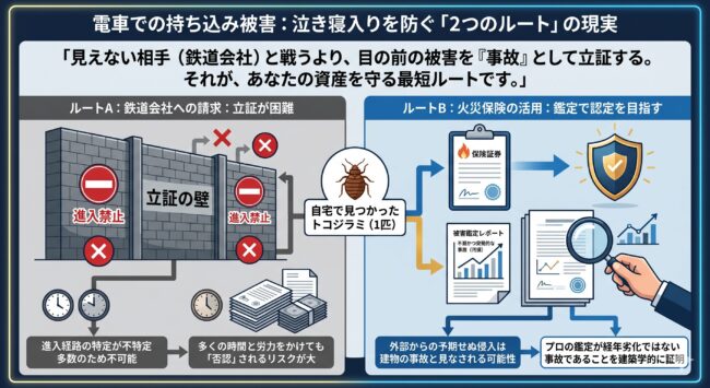 電車のトコジラミ被害における賠償請求と火災保険活用の比較図解。鉄道会社への責任追及が困難な理由と、火災保険の不測かつ突発的な事故として申請し、プロの鑑定レポートで救済を受ける仕組みを解説。