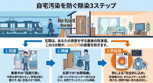 電車や新幹線からのトコジラミ持ち込みを防ぐ除染3ステップの図解。乗車中の回避行動、玄関での荷物隔離、乾燥機やスチームアイロンによる熱処理の手順を解説した、資産を守るための防疫マニュアル。