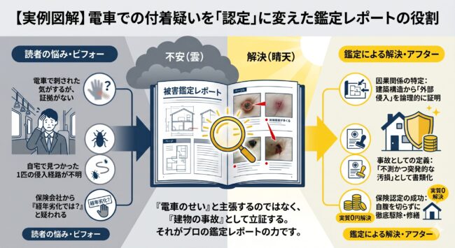 電車のトコジラミ付着疑いがプロの鑑定レポートで救済された事例図解。侵入経路の特定と、火災保険の不測かつ突発的な事故としての立証プロセスを解説したインフォグラフィック。