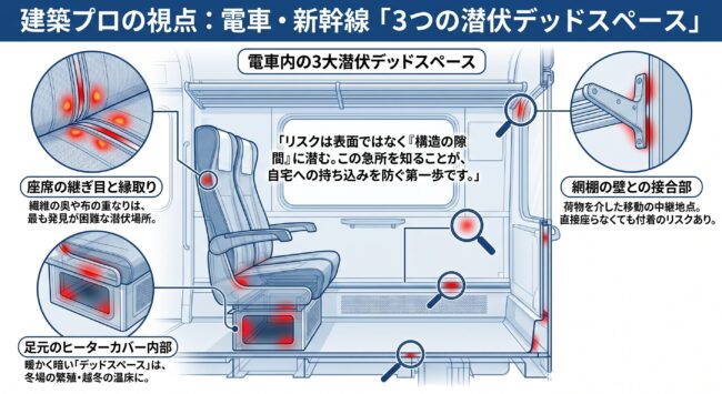電車や新幹線内のトコジラミ潜伏ポイントを建築構造から解説した図解。座席の縫い目、ヒーターカバー内部、網棚と壁の接合部など、清掃が届きにくい隙間に潜むリスクを可視化したインフォグラフィック。
