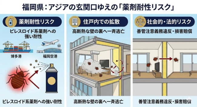 福岡県におけるトコジラミ自力駆除のリスクを解説した図解。博多港や福岡空港から流入する薬剤耐性個体の脅威と、独自調査による再発率91%というデータを提示。市販の薬剤使用が個体を高断熱住宅の壁裏（断熱材）や隣室へ拡散させるメカニズムを可視化し、法的・経済的リスクを回避するためのプロによる「封じ込め施工」の重要性を示すインフォグラフィック。