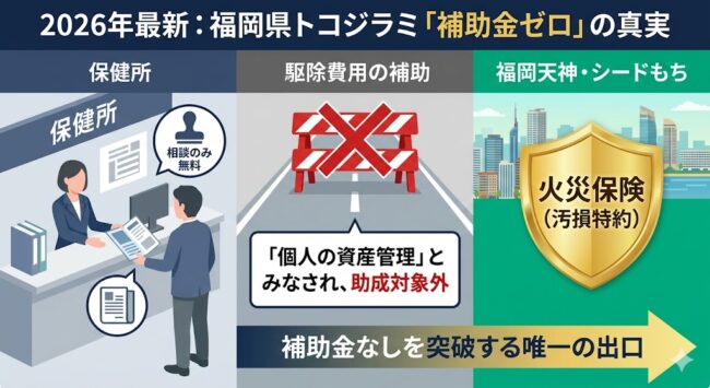 2026年度の福岡県におけるトコジラミ駆除補助金の実態解説図。福岡市・北九州市等の保健所が行う「無料相談・虫の判定」の範囲と、住民が負うべき「高額な駆除費用・ZEH住宅の壁裏への繁殖リスク・家財損失」を対比。トコジラミが「私有財産の維持管理問題」とみなされ公費助成が出ない理由を論理的に示し、補助金を探すより「火災保険の汚損特約」という実利的な資産防衛へ即座に舵を切るべきであることを示すインフォグラフィック。