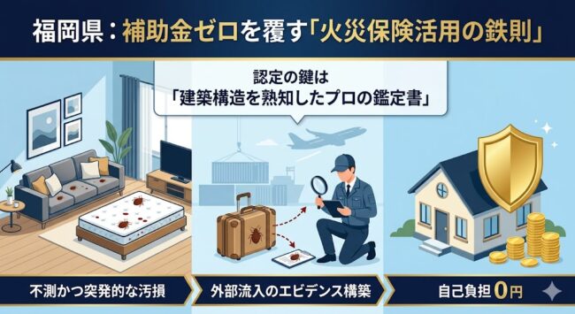 福岡県におけるトコジラミ駆除費用を火災保険で実質0円にするための活用術解説図。博多港や福岡空港からの「もらい事故（侵入）」を建築プロが立証するプロセスと、高級家財の血糞汚れを「汚損・破損特約」で申請する仕組みを可視化。自治体の補助金がない現状を、既にある保険という権利で突破し、資産価値を守るフローを示すインフォグラフィック。