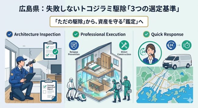 広島県（広島市・福山市）でのトコジラミ駆除業者選びの基準を解説した図解。気密住宅・マンションを熟知した「専門チームによる完全自社施工」、火災保険申請に不可欠な「建築的視点での汚損鑑定レポート作成力」、そして深夜の被害にも対応する「24時間・即日調査体制」の3大ポイントを可視化。補助金がない現状を、保険活用と確かな技術で突破し、資産価値を実質0円で守るための業者選定フローを示すインフォグラフィック。