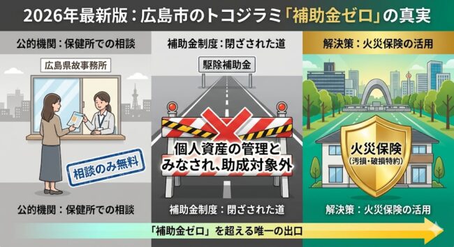 2026年度の広島市におけるトコジラミ駆除補助金の実態解説図。広島市保健所が行う「無料相談・虫の判定」の範囲と、住民が負うべき「高額な駆除費用・壁裏への繁殖リスク・高級家財の損失」を対比。トコジラミが「私有財産の管理問題」とみなされ公費助成が出ない法的理由を論理的に示し、補助金を探すより「火災保険の汚損特約」という実利的な資産防衛へ即座に舵を切るべきであることを示すインフォグラフィック。