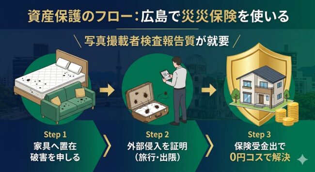 広島県（広島市・福山市）の住宅でトコジラミ駆除費用を火災保険で実質0円にするための活用術解説図。高級家財（マットレス・ソファ）の血糞汚れを「汚損・破損特約」で申請する仕組みと、旅行等の持ち込みによる侵入経路を論理的に立証するプロの鑑定レポートの重要性を可視化。補助金ゼロの現状を、既にある保険という権利で突破するフローを示すインフォグラフィック。