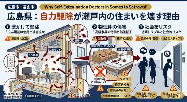 広島県におけるトコジラミ自力駆除のリスクを解説した図解。独自調査による再発率83%というデータに基づき、市販の薬剤使用がトコジラミを壁の裏や断熱材へ拡散させる様子を可視化。高級家財の汚損や隣家への被害拡大による賠償リスクを警告し、プロによる「封じ込め施工」の必要性を示すインフォグラフィック。