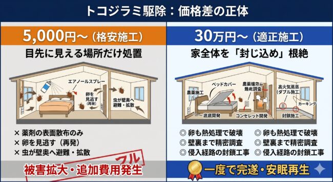 【画像比較】5,000円の「撒き散らし施工」vs 30万円の「完全根絶施工」