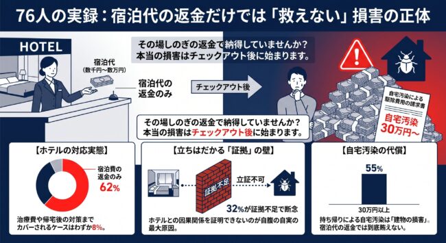 ホテルでのトコジラミ被害に関する76人の調査結果図解。62%が宿泊費返金のみの対応で、55%が帰宅後に30万円以上の高額損害を被っている実態。32%が証拠不足で賠償を諦めている現状を解説。