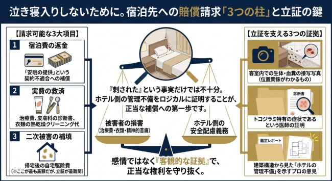 ホテルでトコジラミに刺された際の賠償請求範囲の解説図解。宿泊費返金、治療費、クリーニング代の3つの請求項目と、写真・診断書・プロの鑑定レポートという立証に必要な3つの証拠を提示。