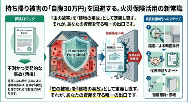 ホテルから持ち帰ったトコジラミ被害を火災保険で解決するフロー図。不測かつ突発的な汚損事故として申請し、建築プロの被害鑑定レポートを活用して自腹30万円以上の駆除費用を回避する仕組みを解説。