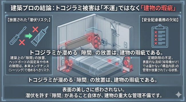ホテルのトコジラミ被害を建築学的に解説した図解。壁の隙間、コンセント内部、ビス穴など、維持管理が不十分な箇所が潜伏源になる仕組み。不運ではなく宿泊施設の安全配慮義務違反（管理不備）であることを示す専門的なインフォグラフィック。