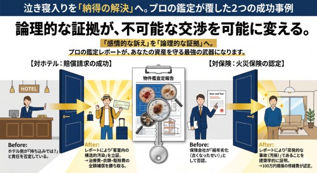 ホテルトコジラミ被害の解決事例図解。プロの鑑定レポートにより、ホテルの責任否定や保険会社の経年劣化否認を覆し、駆除費用や治療費の賠償・保険認定を勝ち取ったプロセスを解説。