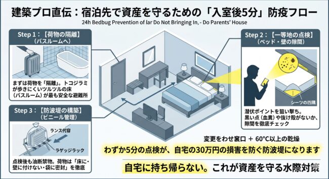 ビジネスホテルでのトコジラミ対策図解。入室後5分で行うべき「荷物のバスルーム隔離」「ヘッドボード裏の点検」「ビニール袋での荷物管理」の手順を解説。自宅への持ち込みと高額な駆除費用を防ぐための防疫マニュアル。