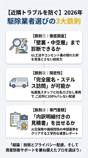 兵庫県の住環境（分譲マンションのGL工法や閑静な一戸建て）でトコジラミ駆除業者を選ぶ際の「2026年最新の3大鉄則」を解説した図解イラスト。再発を防ぐための壁裏マイクロスコープ調査、近隣トラブルを防ぐためのロゴなし車両による隠密訪問（ステルス施工）、自己負担0円解決を目指すための保険・税務対応の被害内訳明細書の3つの基準まとめ図解