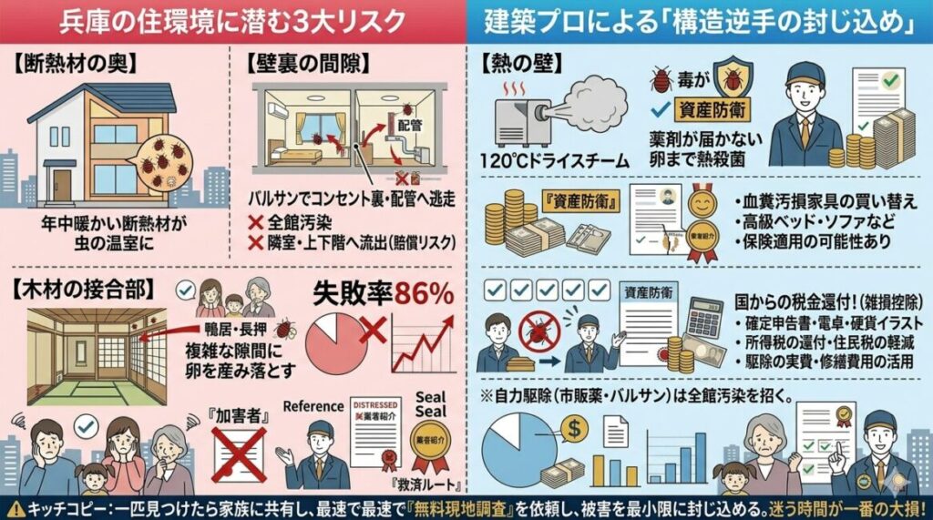 兵庫県内の高気密住宅、RCマンション、伝統的和風建築の3つの住宅構造において、トコジラミが薬剤から身を隠す「構造的な死角（断熱材の隙間・コンセント裏の配管ピット・鴨居や長押の接合部）」を分かりやすく解説した図解