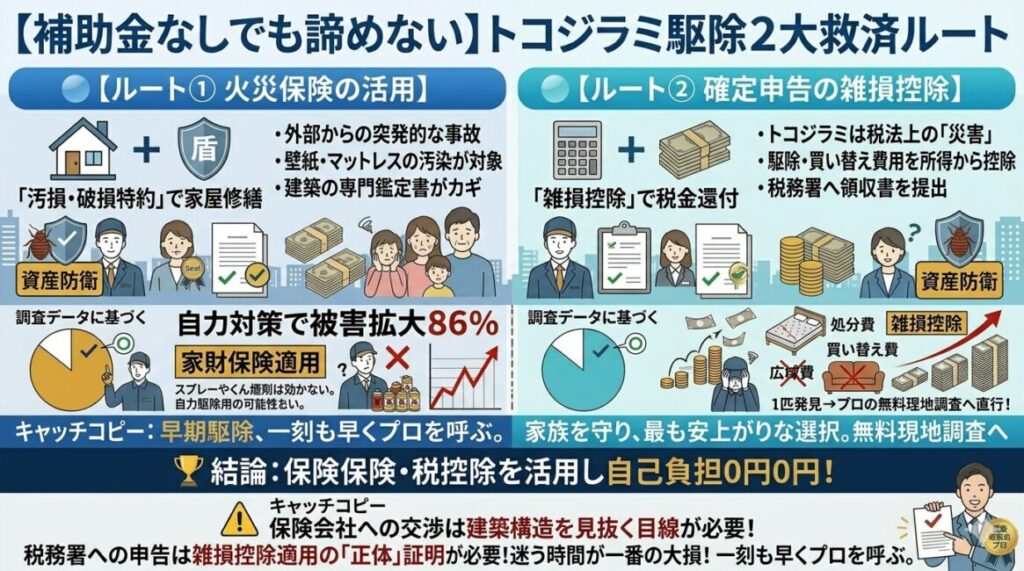 兵庫県内の高気密住宅、RCマンション、伝統的和風建築の3つの住宅構造において、トコジラミが薬剤から身を隠す「構造的な死角（断熱材の隙間・コンセント裏の配管ピット・鴨居や長押の接合部）」を分かりやすく解説した図解イラスト。市販のくん煙剤による壁裏への逃亡リスクと、それに対抗するプロの「超高圧ドライスチーム熱殺菌」および「物理的コーキング封鎖」のメカニズムを含む