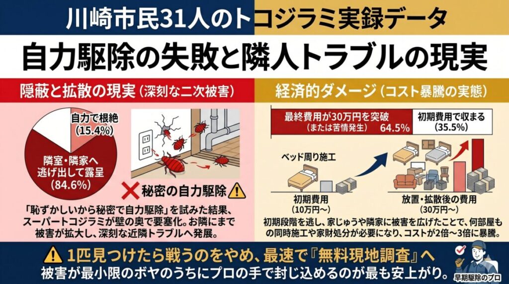 川崎市のトコジラミ被害者31人のアンケートデータ図解。市販の殺虫剤で自力駆除を試みた人の84.6%が隣室・隣家へ被害を拡散させてしまい、全体の64.5%が最終的な駆除費用が30万円以上に暴騰した現実を解説。