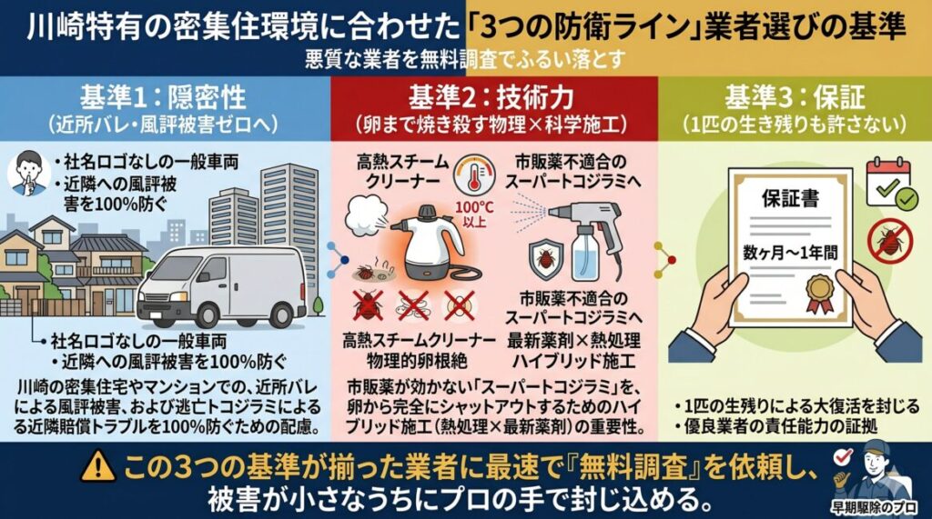 川崎市のトコジラミ駆除業者を選ぶ3つの絶対基準の図解。近所バレや隣人トラブルを防ぐロゴなし一般車両、スーパートコジラミの卵を全滅させる100℃高熱スチーム処理技術、施工後の長期再発無料保証制度の重要性を解説。