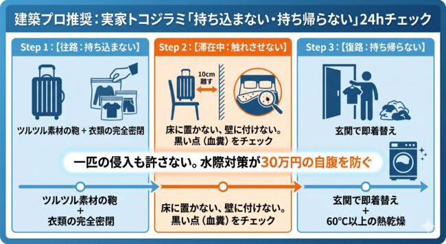 建築プロが教える帰省時のトコジラミ対策図解。ハードケースの使用、壁や床から荷物を離す滞在法、帰宅後の熱乾燥など、持ち込みと持ち帰りを防ぐ24時間防疫フロー。