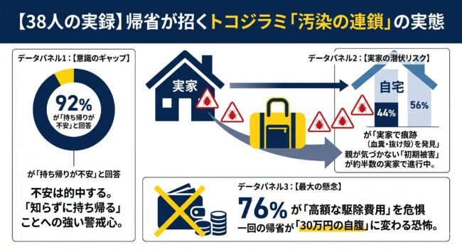 帰省時のトコジラミ被害に関する38人のアンケート調査結果。92%が持ち帰りに不安を感じ、44%が実家で痕跡を発見している実態を図解。高額な駆除費用リスクについても言及。