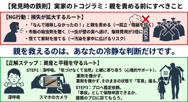 実家でトコジラミを発見した際の心理的・実務的ガイド図解。親を責めるリスク、市販殺虫剤の弊害、保険申請を視野に入れたプロへの鑑定依頼ステップを解説。