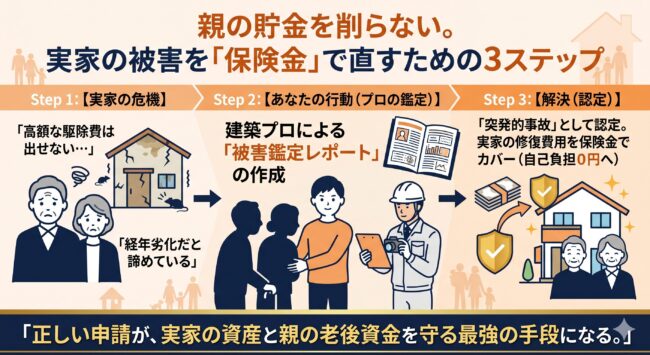 実家の害獣被害を火災保険で修復するためのステップ図解。高齢の両親に代わって子供がプロの被害鑑定レポートを依頼し、経年劣化ではなく突発的事故として認定を受ける仕組みを解説。