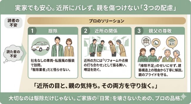 実家へのトコジラミ調査における近隣・心理的配慮の図解。社名なしの車両や私服風の服装、リフォーム点検を装った振る舞い、親の自尊心を傷つけない説明方法などを解説。