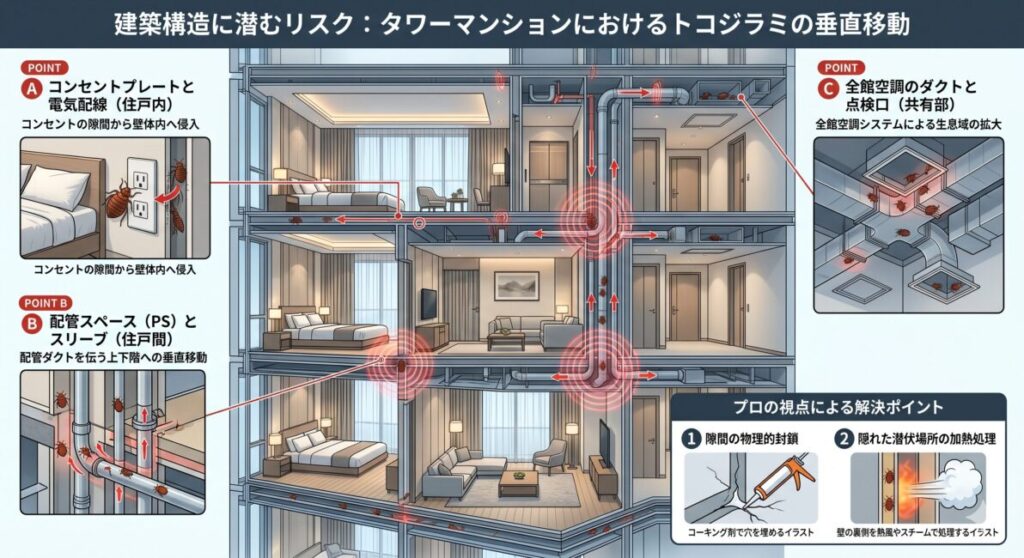 江東区・中央区のタワーマンションでトコジラミ被害が急増している建築的な理由の図解