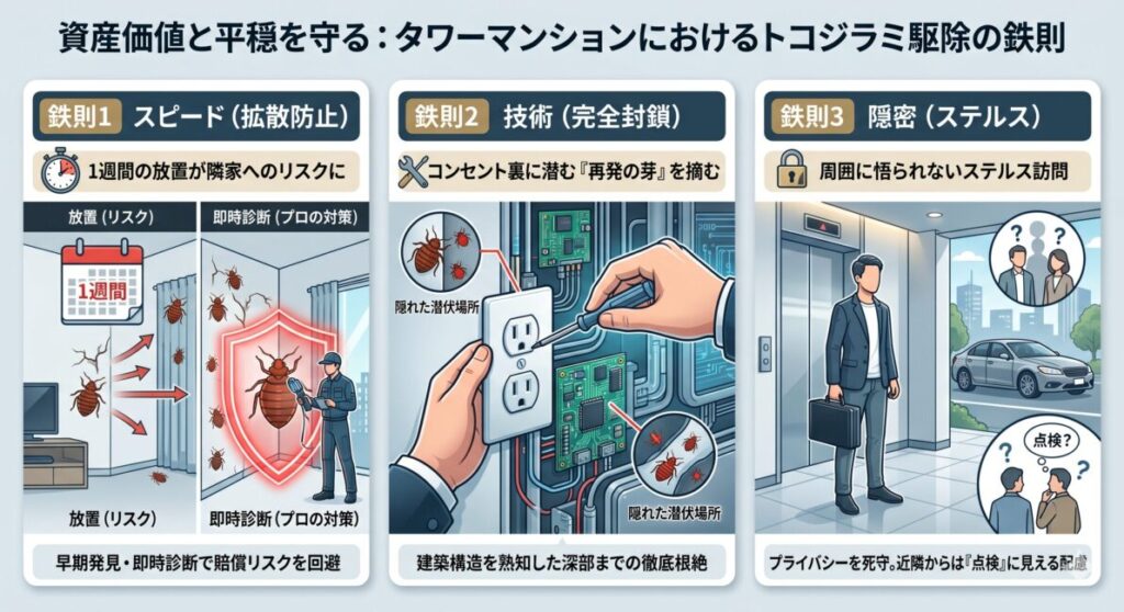 タワーマンションのトコジラミ駆除における3つの鉄則の図解。早期対応による隣家への拡散防止、コンセント裏などの建築構造に合わせた精密な駆除、私服訪問や社名なし車両による隠密性の確保を視覚的に解説