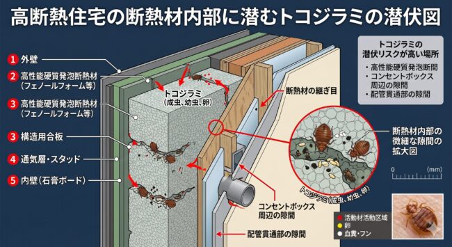 高断熱住宅の断熱材内部に潜むトコジラミの潜伏図