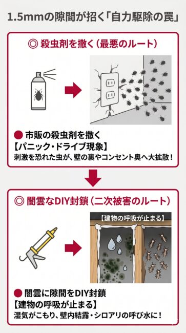 トコジラミの自力駆除が絶対NGな建築的理由の図解。市販の殺虫剤によるパニックドライブ現象で虫がコンセントや壁の裏へ大拡散するリスクと、DIY封鎖による壁内結露やシロアリ発生の二次被害のメカニズム解説イラスト