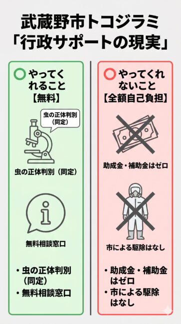 武蔵野市保健所のトコジラミ対応と助成金制度の解説図。無料の虫の正体判別（同定）や相談窓口などのやってくれることと、助成金・補助金ゼロ（全額自己負担）や直接の駆除なしというやってくれないことの対比イラスト