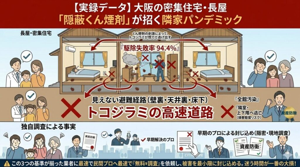 大阪でのトコジラミ駆除における火災保険の適用実態と公的救済ルートを解説した図解。害虫であるトコジラミの駆除作業費そのものは原則対象外となる現実を示しつつ、血糞で汚損された高級マットレスやソファなどの買い替えに使える『家財特約』の仕組みや、確定申告で税金の還付・軽減を受けられる国税庁の『雑損控除』の手順を分かりやすく可視化したスマホ向けインフォグラフィック。