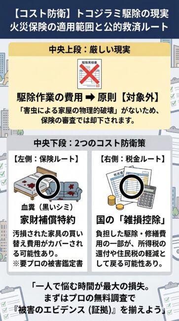 大阪でのトコジラミ駆除における火災保険の適用実態と公的救済ルートを解説した図解。害虫であるトコジラミの駆除作業費そのものは原則対象外となる現実を示しつつ、血糞で汚損された高級マットレスやソファなどの買い替えに使える『家財特約』の仕組みや、確定申告で税金の還付・軽減を受けられる国税庁の『雑損控除』の手順を分かりやすく可視化したスマホ向けインフォグラフィック。