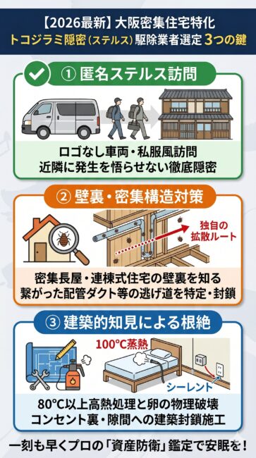 大阪の下町に多い木造長屋や住宅密集地におけるトコジラミ隠密（ステルス）駆除業者の選定基準を解説した図解。近隣に一切悟らせないロゴなし一般車両・私服風訪問、長屋構造の壁裏の隙間やコンセント裏の逃げ道を見抜く封鎖施工、建築プロの技術による高熱スチーム根絶の3つのポイントをスマホ向けに可視化。