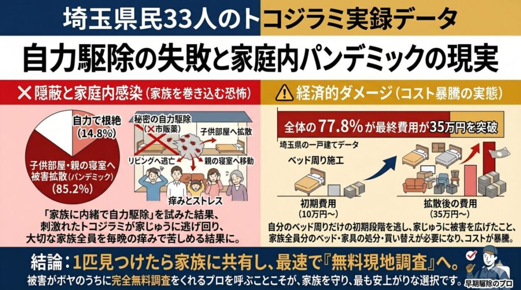 埼玉県の一戸建て・実家でのトコジラミ被害経験者33人のアンケートデータ図解。市販の殺虫剤で自力駆除を試みた人の85.2%が子供部屋や親の寝室へ被害を拡散（家庭内パンデミック）させ、全体の77.8%が最終的な総額費用が35万円以上に暴騰した現実を解説。