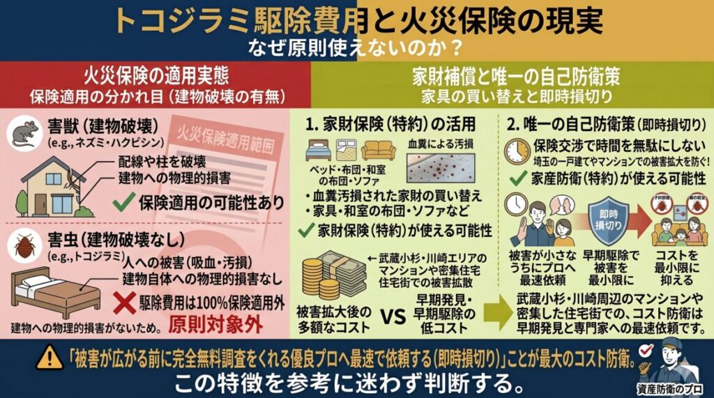 トコジラミ駆除費用と火災保険の適用実態（さいたま市・埼玉県版）の図解。害虫のため駆除費用は原則対象外（使えない理由）。汚損されたベッド等の買い替えに家財保険が使える可能性と、埼玉の一戸建て住宅などで被害が広がる前に最速で無料調査を頼むべき理由を解説。